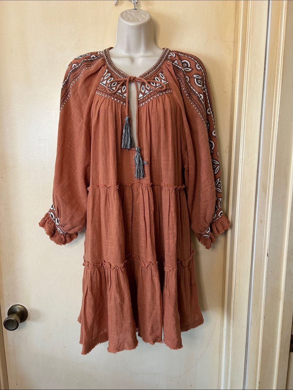 Free People Rust Embroidered Tiered Tunic/ Dress size L
